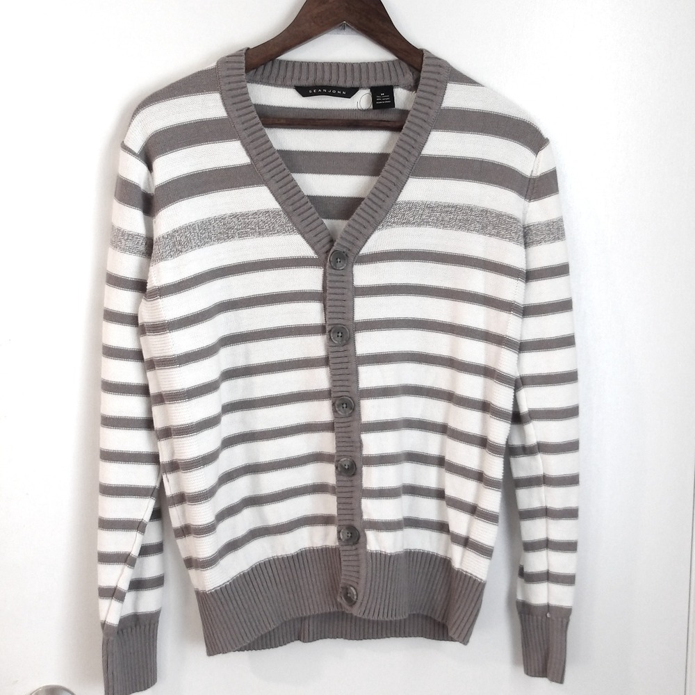 Sean John Striped Cardigan Sweater Button Front Knitwear‎ Neutral Tones M